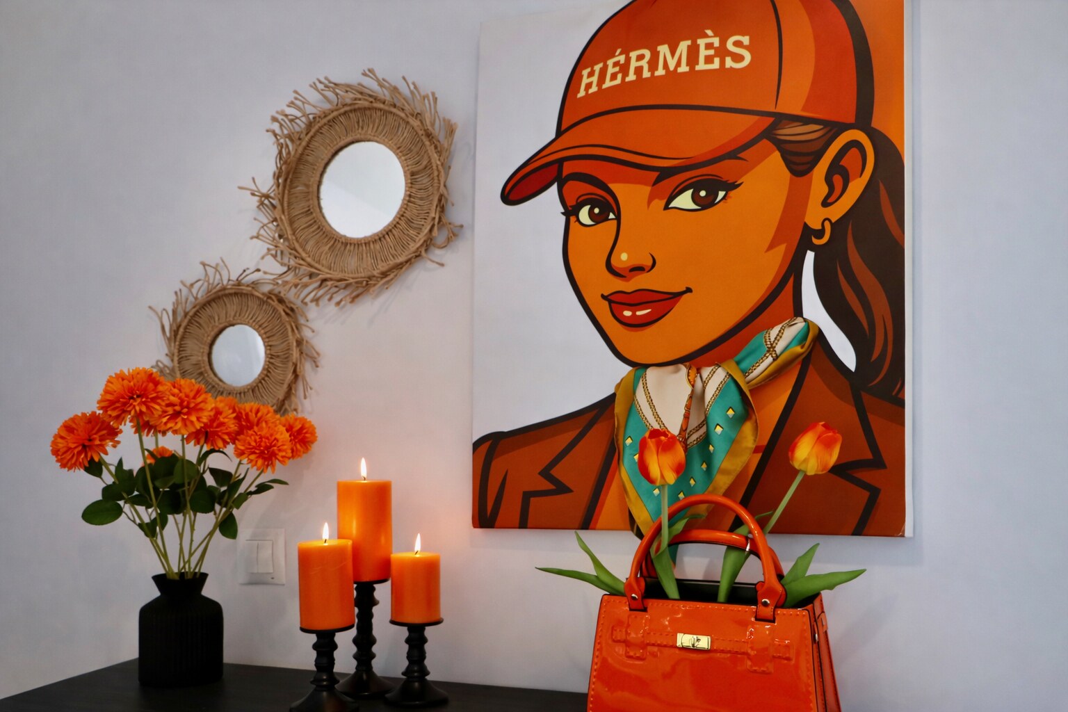 Colourful artwork, flowers, candles and accessories used in property styling