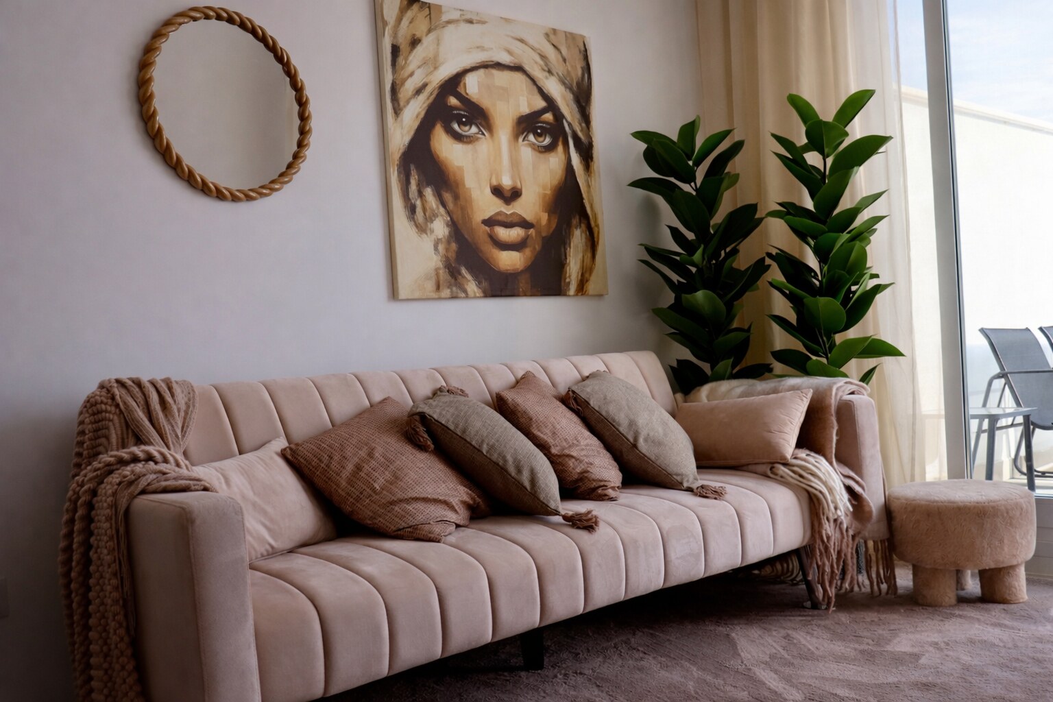 Neutral sofa styled with cushions, textiles, artwork and plants