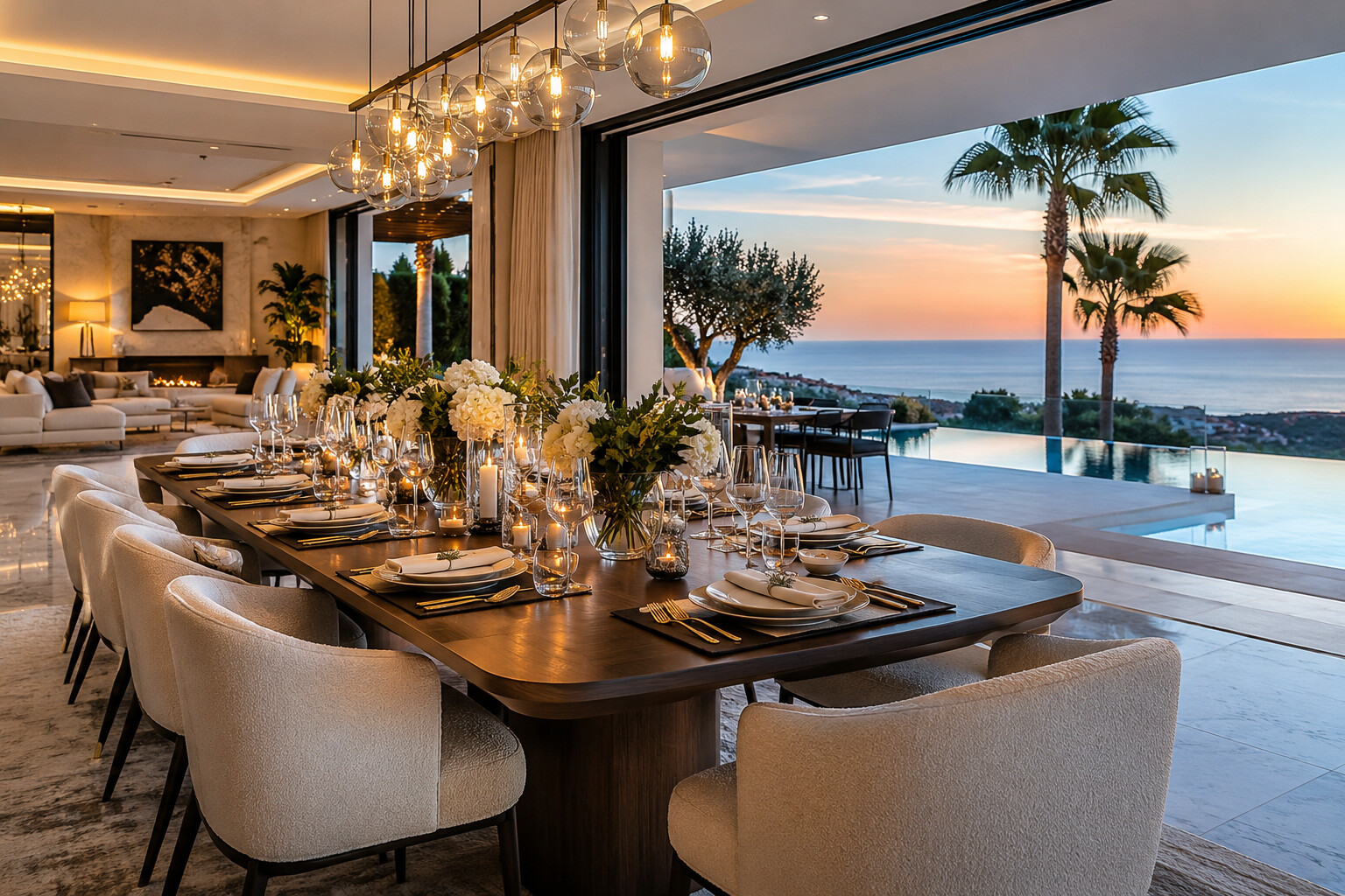 Styled dining table with flowers and sea views